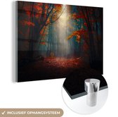 MuchoWow® Glasschilderij 150x100 cm - Schilderij acrylglas - Herfst - Bladeren - Zon - Foto op glas - Schilderijen