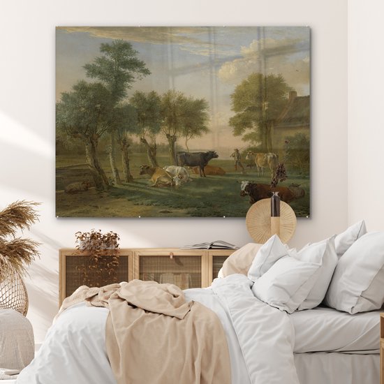 MuchoWow® Peinture sur verre 160x120 cm - Peinture sur verre acrylique - Vaches dans le pré dans une ferme - Peinture de Paulus Potter - Photo sur verre - Peintures