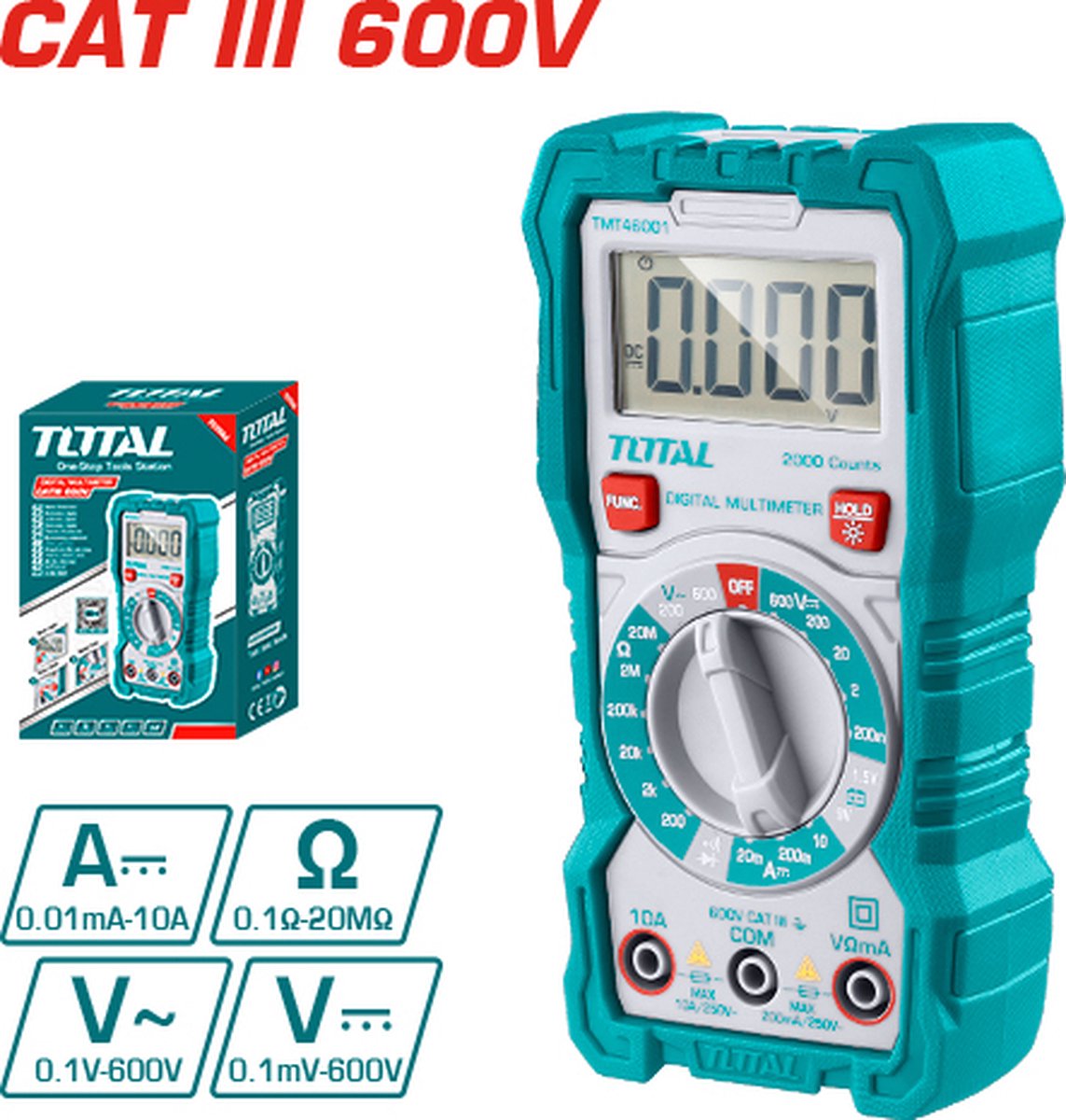 Total - Digitale multimeter - CAT III 600V - Spanningsmeter met zaklamp - AC / DC voltage meter