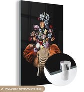 MuchoWow® Glasschilderij 40x60 cm - Schilderij acrylglas - Olifant - Bloemen - Zwart - Foto op glas - Schilderijen