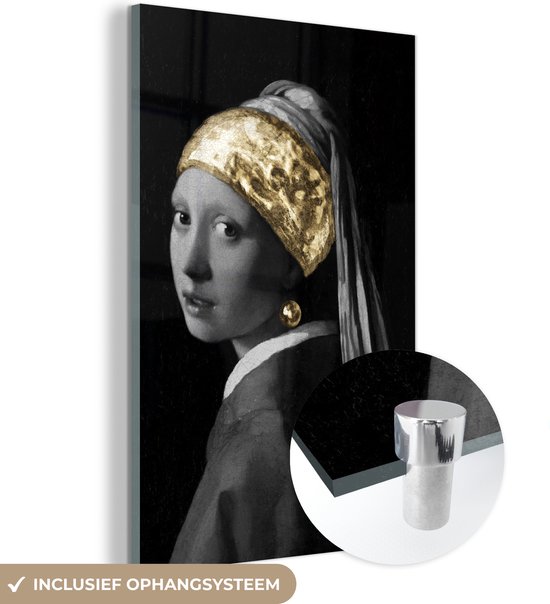 Foto: Muchowow glasschilderij 60x90 cm schilderij acrylglas meisje met de parel johannes vermeer goud foto op glas schilderijen