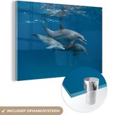 MuchoWow® Glasschilderij 30x20 cm - Schilderij acrylglas - Dolfijnen - Zee - Blauw - Foto op glas - Schilderijen