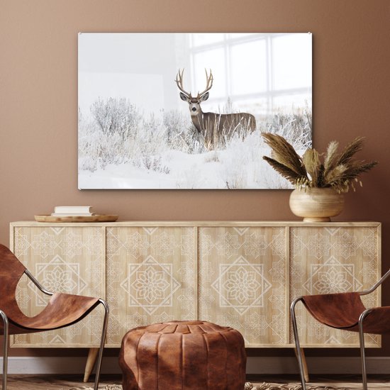 MuchoWow® Peinture sur Verre - Cerf - Hiver - Neige - Animaux - Saisons - Wit - 90x60 cm - Peintures sur Verre Peintures - Photo sur Glas