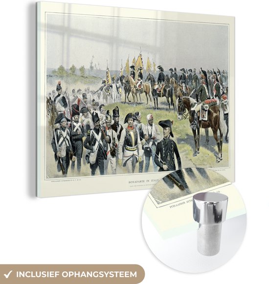 MuchoWow® Glasschilderij 120x90 cm - Schilderij acrylglas - Illustratie van Napoleon Bonaparte met een leger - Foto op glas - Schilderijen