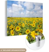 MuchoWow® Glasschilderij 40x30 cm - Schilderij acrylglas - Zonnebloemen - Bloemen - Wolken - Natuur - Geel - Landschap - Foto op glas - Schilderijen