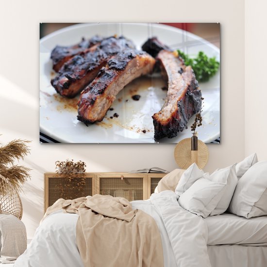 MuchoWow® Peinture sur Verre - Quatre côtes levées fraîchement cuites reposent sur une assiette blanche - 180x120 cm - Peintures sur Verre Acrylique - Photo sur Glas