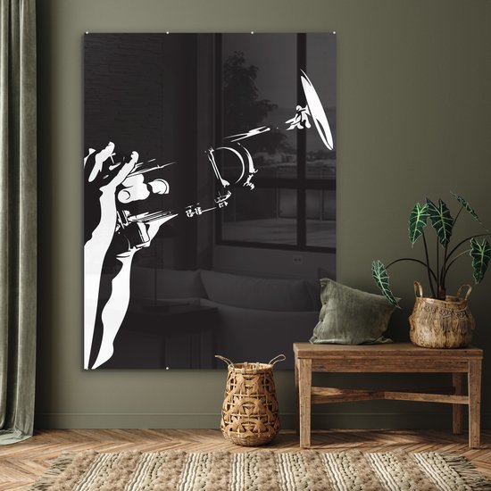 MuchoWow® Peinture sur verre 120x160 cm - Peinture sur verre acrylique - Illustration d'une trompette tenue en noir et blanc - Photo sur verre - Peintures