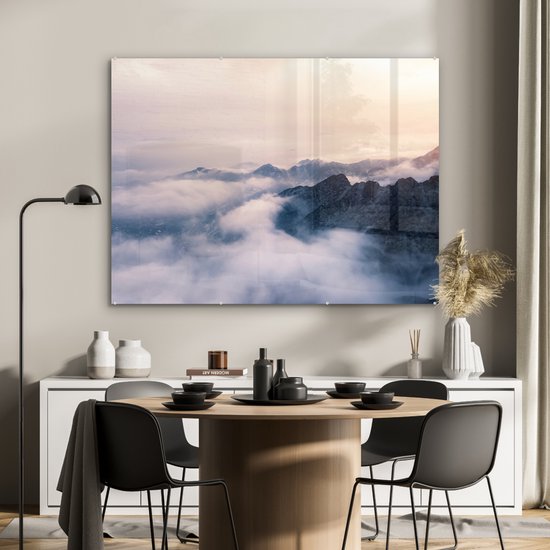 Peinture sur verre MuchoWow® - Le brouillard passe sur une chaîne de montagnes - 120x90 cm - Peintures sur verre acrylique - Photo sur Glas