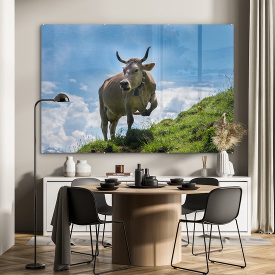 MuchoWow® Peinture sur verre 150x100 cm - Peinture sur verre acrylique - Vache - Herbe - Alpes - Photo sur verre - Peintures