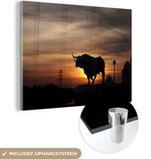 MuchoWow® Glasschilderij 120x90 cm - Schilderij acrylglas - Silhouet van een stier bij zonsondergang - Foto op glas - Schilderijen