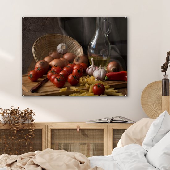 MuchoWow® Tableau sur verre 80x60 cm - Tableau sur verre acrylique - Planche à découper - Légume - Nature morte - Pâtes - Oignon - Tomate - Planche à découper - Photo sur verre - Décoration murale salon - Décoration murale chambre - Peintures