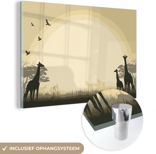 MuchoWow® Glasschilderij 150x100 cm - Schilderij acrylglas - Een illustratie van een Afrikaanse safari als achtergrond met giraffen - Foto op glas - Schilderijen