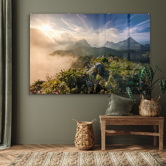 MuchoWow® Peinture sur verre - Berg dans la brume - 150x100 cm - Peintures sur verre acrylique - Photo sur Glas