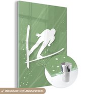 MuchoWow® Peinture sur verre 60x80 cm - Peinture sur verre acrylique - Illustration d'un sauteur à ski sur fond vert - Photo sur verre - Peintures