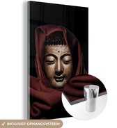 MuchoWow® Glasschilderij 60x90 cm - Schilderij acrylglas - Buddha - Hoofddoek - Rood - Foto op glas - Schilderijen