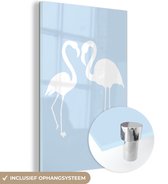 MuchoWow® Glasschilderij 60x90 cm - Schilderij acrylglas - Wit - Flamingo - Silhouet - Foto op glas - Schilderijen
