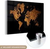 MuchoWow® Glasschilderij 150x100 cm - Schilderij acrylglas - Wereldkaart - Zwart - Goud - Foto op glas - Schilderijen