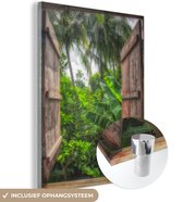 MuchoWow® Glasschilderij 90x120 cm - Schilderij acrylglas - Openstaande raamluiken met uitzicht op de jungle van Cambodia - Foto op glas - Schilderijen
