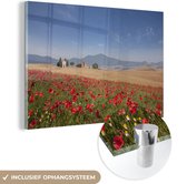 MuchoWow® Glasschilderij 120x80 cm - Schilderij acrylglas - Bloemenweide - Rozen - Huisjes - Foto op glas - Schilderijen