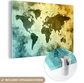 MuchoWow® Glasschilderij 120x80 cm - Schilderij acrylglas - Wereldkaart - Groen - Blauw - Foto op glas - Schilderijen