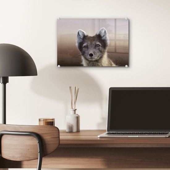 MuchoWow® Glasschilderij 30x20 cm - Schilderij acrylglas - Vos - Welp - Vacht - Foto op glas - Schilderijen