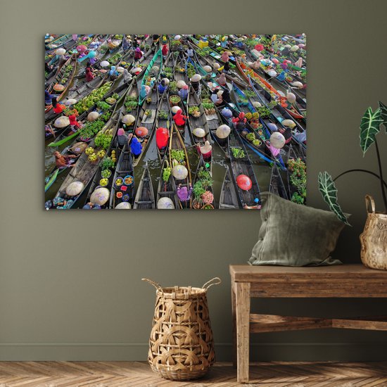 Peinture sur Verre - Marché Flottant en Indonésie - 120x80 cm - Peintures Plexiglas
