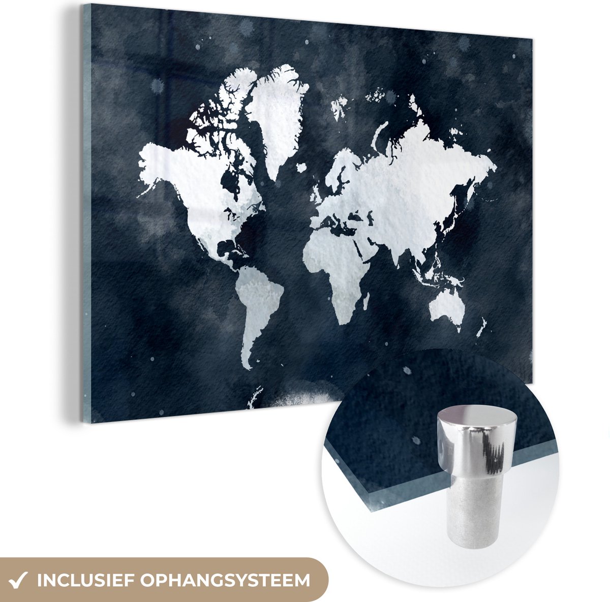 ® Glasschilderij 180x120 cm - Schilderij acrylglas - Wereldkaart - Blauw - Waterverf - Foto op glas - Muurdecoratie woonkamer - Wanddecoratie slaapkamer - Schilderijen