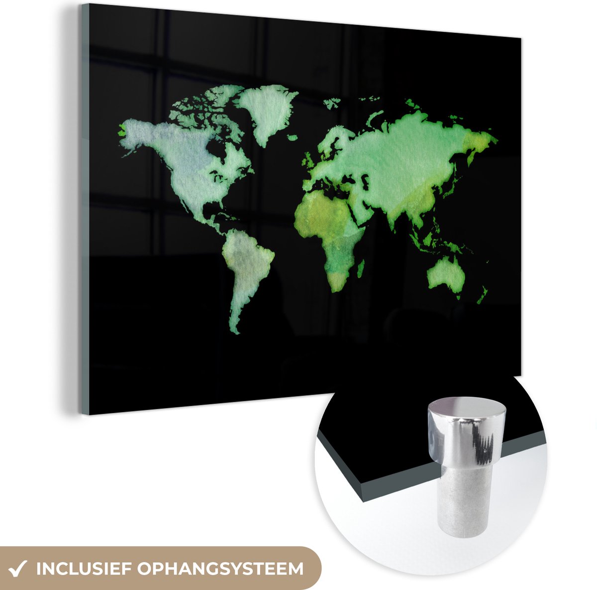 ® Glasschilderij 180x120 cm - Schilderij acrylglas - Wereldkaart - Groen - Waterverf - Foto op glas - Muurdecoratie woonkamer - Wanddecoratie slaapkamer - Schilderijen