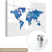 MuchoWow® Glasschilderij 90x60 cm - Schilderij acrylglas - Wereldkaart - Waterverf - Blauw - Foto op glas - Schilderijen