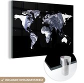 MuchoWow® Glasschilderij 60x40 cm - Schilderij acrylglas - Wereldkaart - Zwart - Wit - Wereldbol - Foto op glas - Schilderijen