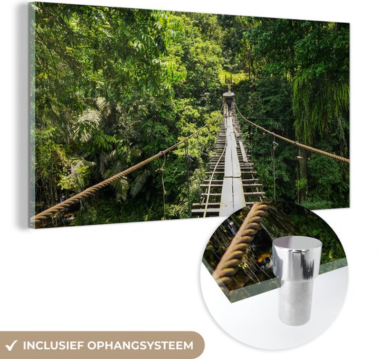 MuchoWow® Glasschilderij 160x80 cm - Schilderij acrylglas - Touwbrug in de bossen van Sumatra - Foto op glas - Schilderijen