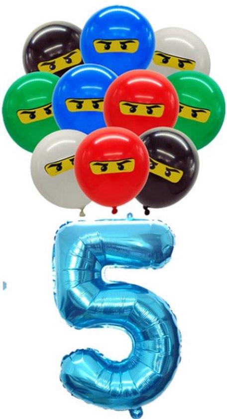 Lego Ninjago Ballonnen - Ninja Ballonnen Set 9 Stuks - Ninja Ballon Cijfer 5 - Ninja Ballon Vijf Jaar - Ninja Themafeest - Kinderfeestje Ninja - Ninja