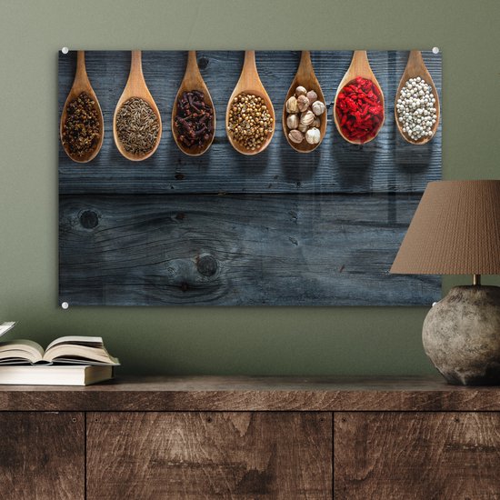 MuchoWow® Peinture sur verre 60x40 cm - Peinture sur verre - Herbes - Cuillères - Bois - Cuisine - Épices - Industriel - Photo sur verre acrylique - Peintures
