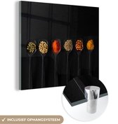 MuchoWow® Glasschilderij 90x90 cm - Schilderij acrylglas - Lepels - Specerijen - Zwart - Kruiden - Rustiek - Foto op glas - Schilderijen