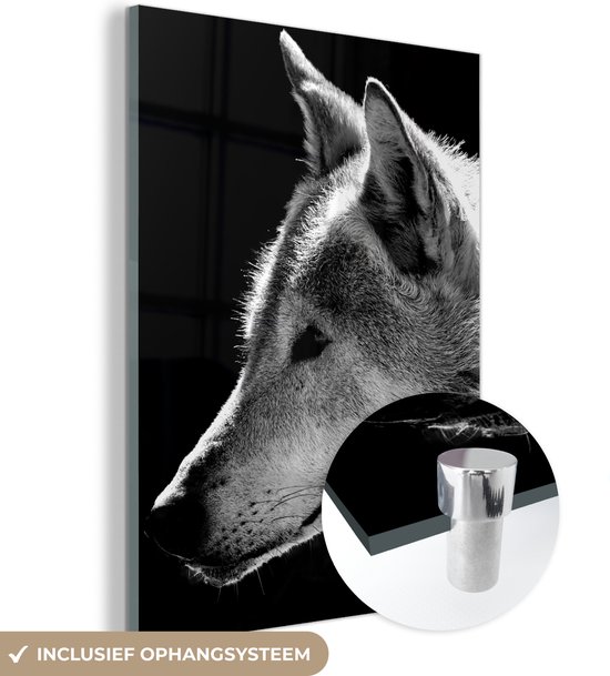 Glasschilderij - Foto op glas - Acrylglas - Wilde dieren - Wolf - Zwart - Wit - Muurdecoratie - 30x40 cm - Woonkamer - Kamerdecoratie - Wanddecoratie dieren