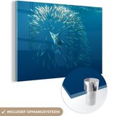 MuchoWow® Glasschilderij 60x40 cm - Schilderij acrylglas - Zwaardvis - Blauw - Water - Foto op glas - Schilderijen