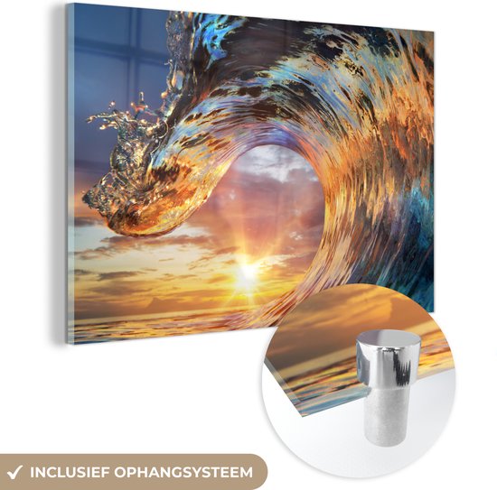 MuchoWow® Glasschilderij 60x40 cm - Schilderij acrylglas - Zee - Zon - Kleuren - Foto op glas - Muurdecoratie woonkamer - Wanddecoratie slaapkamer - Schilderijen