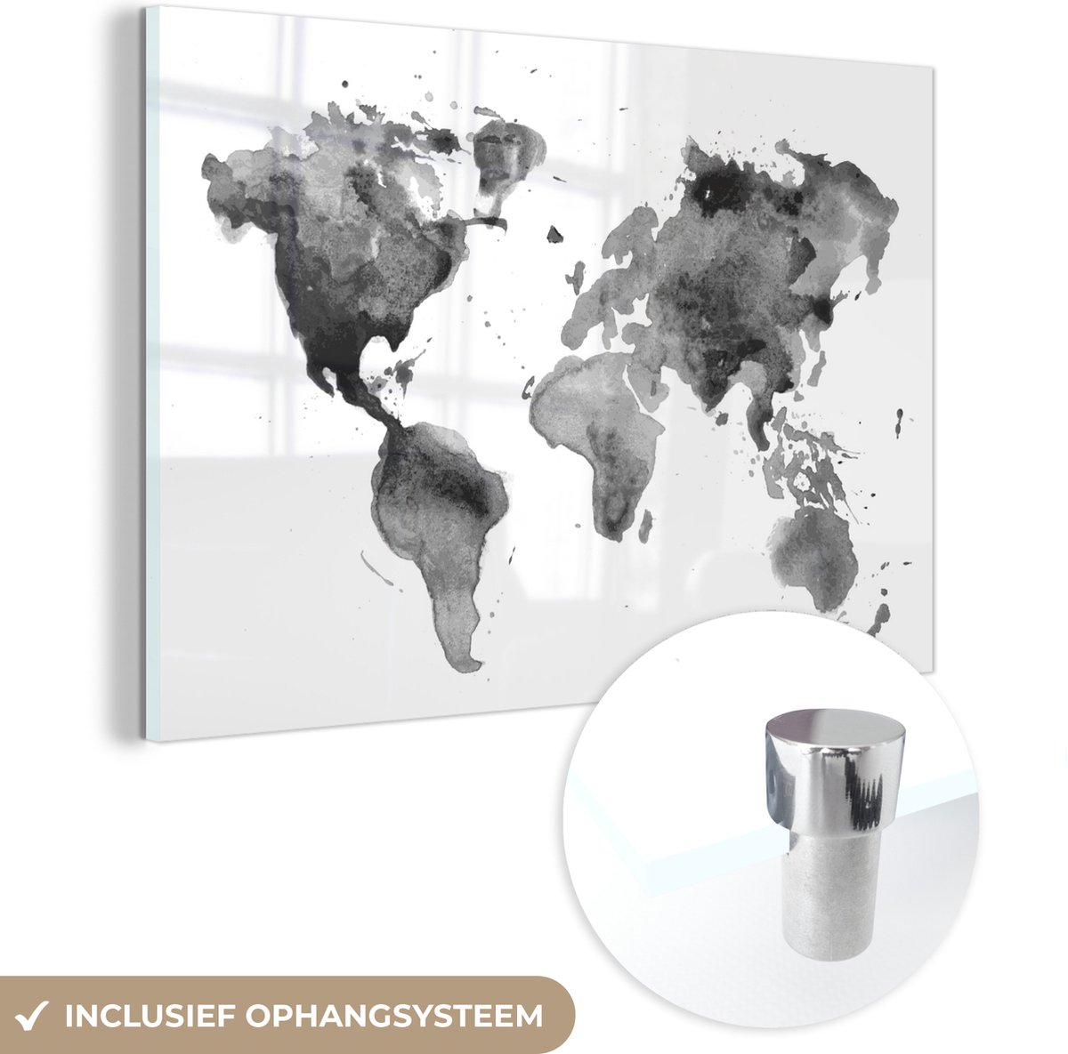 MuchoWow® Glasschilderij 150x100 cm - Schilderij acrylglas - Wereldkaart - Waterverf - Zwart - Wit - Kinderen - Jongens - Meisjes - Foto op glas - Schilderijen