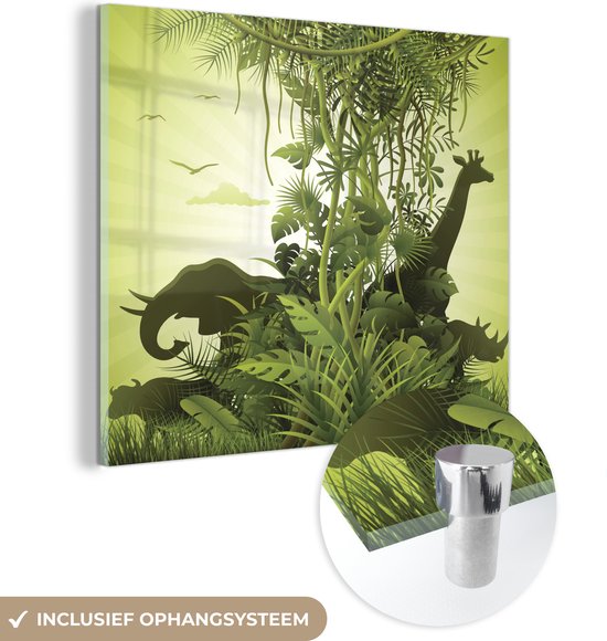 MuchoWow® Glasschilderij 90x90 cm - Schilderij acrylglas - Groene illustratie van Afrika met wilde dieren - Foto op glas - Schilderijen