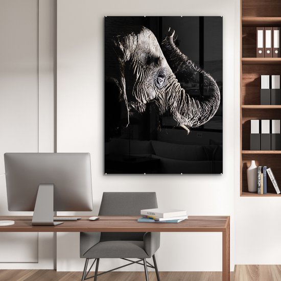 MuchoWow® Peinture sur verre 90x120 cm - Peinture sur verre acrylique - Éléphant - Zwart - Animaux - Nature - Photo sur verre - Peintures