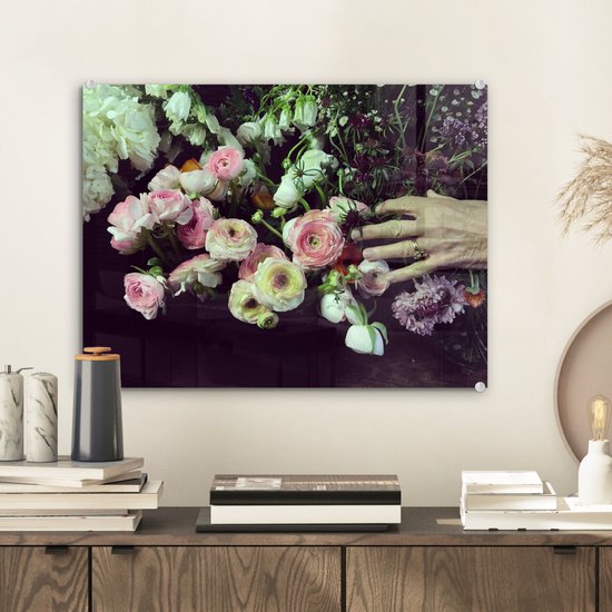 MuchoWow® Peinture sur verre 40x30 cm - Peinture sur verre acrylique - Les fleurs aux couleurs pastel sur fond noir - Photo sur verre - Peintures