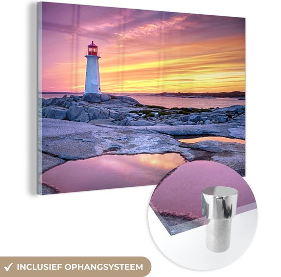 MuchoWow® Peinture sur verre 150x100 cm - Peinture sur verre acrylique - Phare au coucher du soleil en Nova -Écosse - Photo sur verre - Peintures