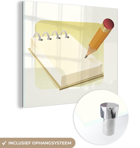 MuchoWow® Glasschilderij 50x50 cm - Schilderij acrylglas - Een illustratie van een kladblok met een potlood met gum - Foto op glas - Schilderijen