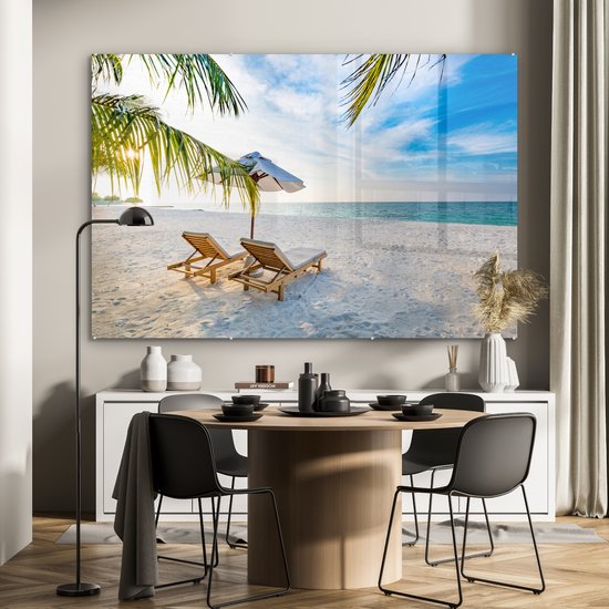 MuchoWow® Peinture sur Verre - Chaise de Plage - Parasol - Coucher de Soleil - 180x120 cm - Peintures sur Verre Acrylique - Photo sur Glas