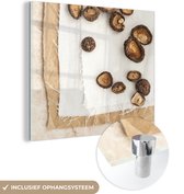 MuchoWow® Glasschilderij 20x20 cm - Schilderij acrylglas - Gedroogde champignons op een doek - Foto op glas - Schilderijen