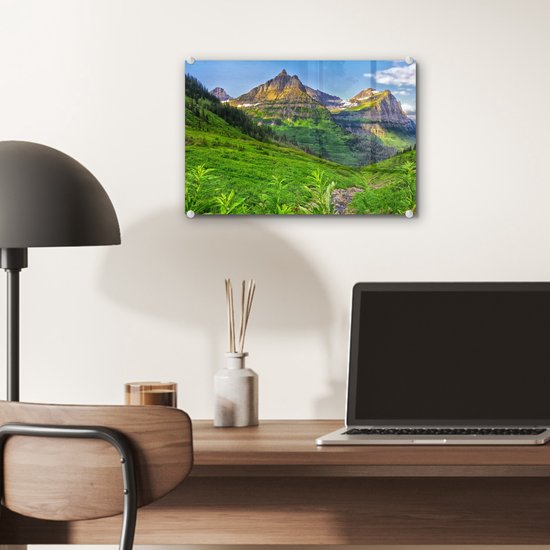 MuchoWow® Peinture sur verre 30x20 cm - Peinture sur verre acrylique - Montagnes de couleur verte dans le parc national américain des Glaciers - Photo sur verre - Peintures