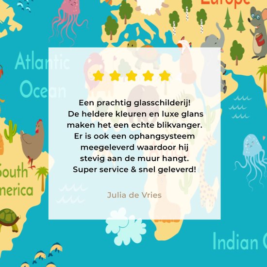 MuchoWow® Tableau sur verre 60x40 cm - Tableau sur verre acrylique - Wereldkaart - Enfants - Animaux - Jaune - Blauw - Garçons - Filles - Photo sur verre - Décoration murale salon - Décoration murale chambre - Peintures