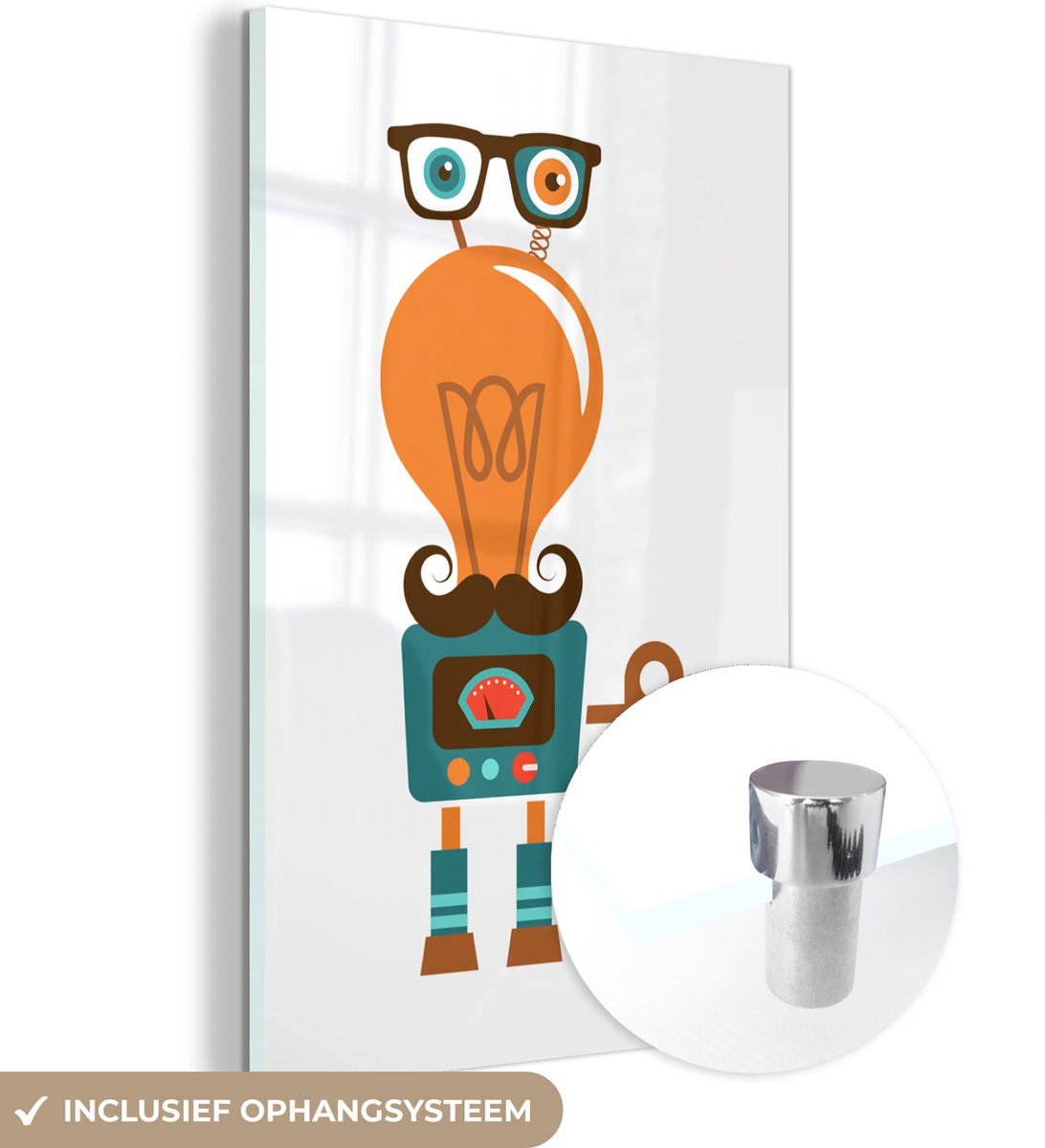 MuchoWow® Glasschilderij 120x180 cm - Schilderij acrylglas - Robot - Bril - Gloeilamp - Sn
