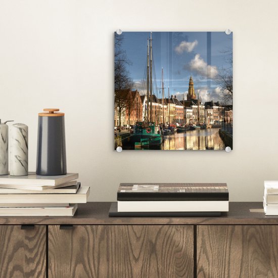 MuchoWow® Peinture sur verre - Groningen - Maison du canal - Voilier - 20x20 cm - Peintures sur verre acrylique - Photo sur Glas