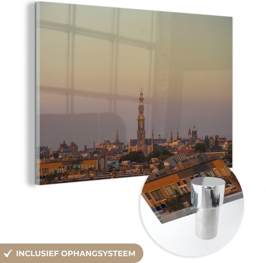 MuchoWow® Peinture sur verre - Skyline avec la Westerkerk à Amsterdam - 150x100 cm - Peintures sur verre acrylique - Photo sur Glas